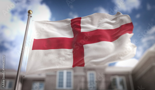 England Flag 3D Rendering on Blue Sky Building Background
