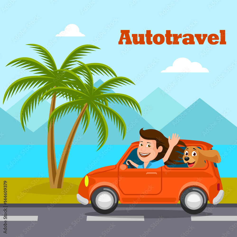 Travel on the car, a vector illustration flat style.