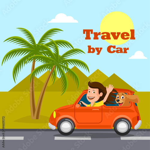 Travel on the car, a vector illustration flat style.
