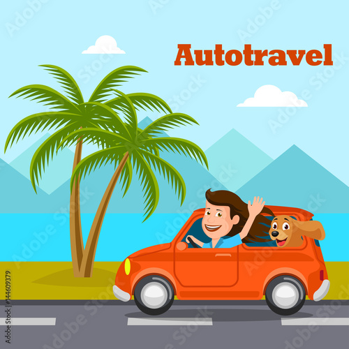 Travel on the car, a vector illustration flat style.