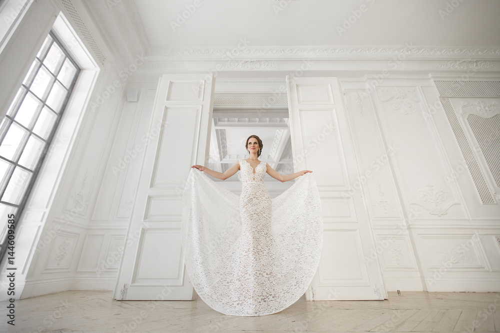 Beautiful bride posing in wedding dress in a white photo Studio. Mirror. Sofa. Bouquet. The door. Chandelier. Beautiful bride posing in wedding dress in a white photo Studio. Mirror. Sofa. Bouquet. The door. Chandelier.