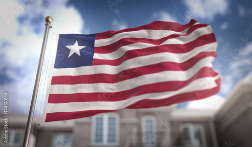 Liberia Flag 3D Rendering on Blue Sky Building Background