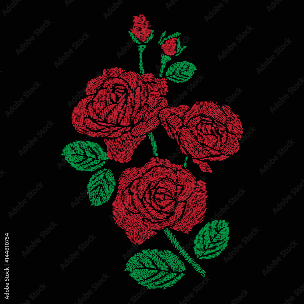 red rose bouquet embroidery artwork design for clothing, isolated flower  vector on black background Stock Vector | Adobe Stock