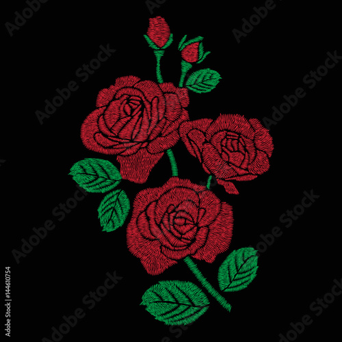 red rose bouquet embroidery artwork design for clothing, isolated flower vector on black background