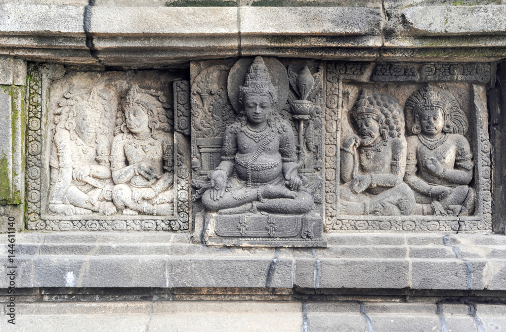 Artwork of Prambanan temple compound in Java on Indonesia, Unesco world heritage
