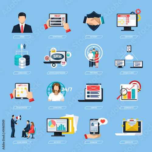 CRM System Flat Icons Set