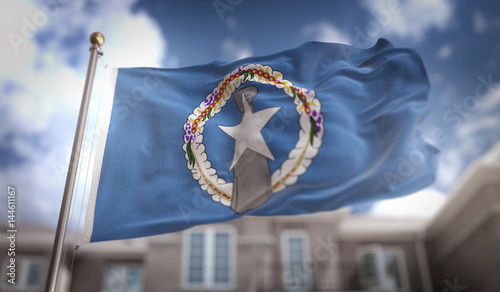 Photography Northern Mariana Islands Flag 3D Rendering on Blue Sky Building Background