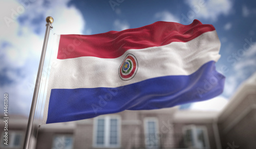 Paraguay Flag 3D Rendering on Blue Sky Building Background