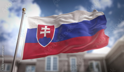 Photography Slovakia Flag 3D Rendering on Blue Sky Building Background