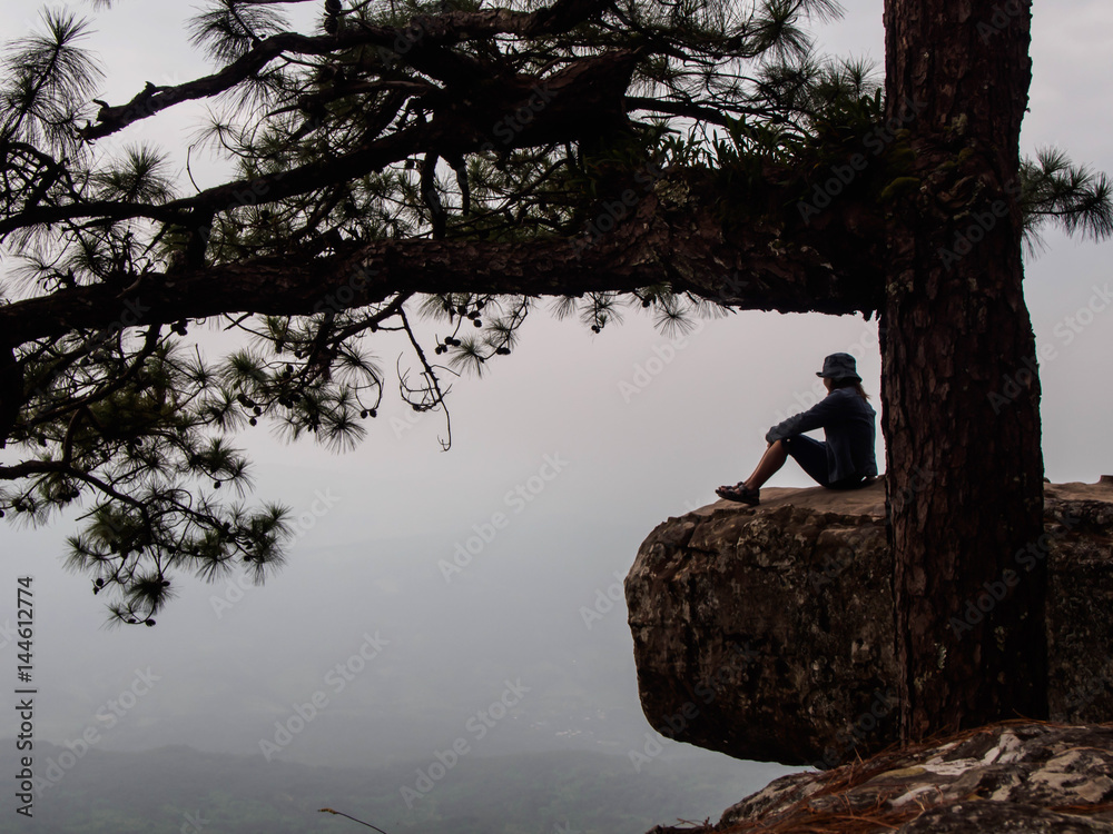 View from Lom Sak Cliff on Phu Kradueng Mountain in thailand , women on the rock under the pine tree , silhouette image