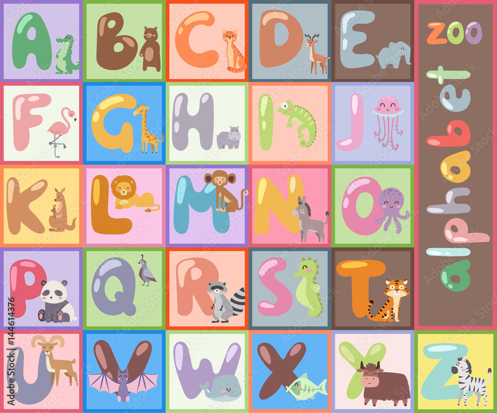 Cute zoo alphabet with cartoon animals isolated and funny letters ...