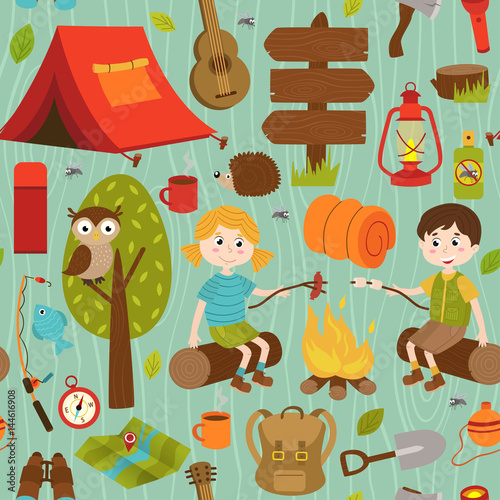 seamless pattern with camping elements and characters - vector illustration, eps photo