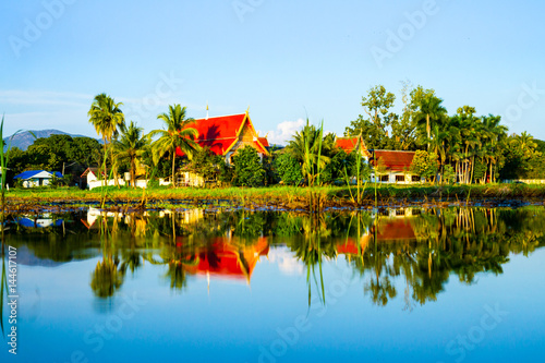 Reflection of Buddhist temple in Chiang Mai Province Northern Thailand