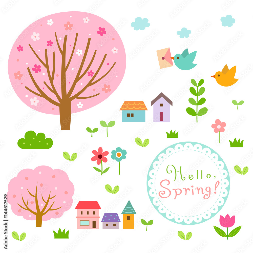 Spring village and floral nature elements set.