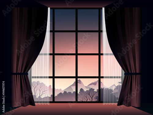 view of deep forest and mountain at dusk in room