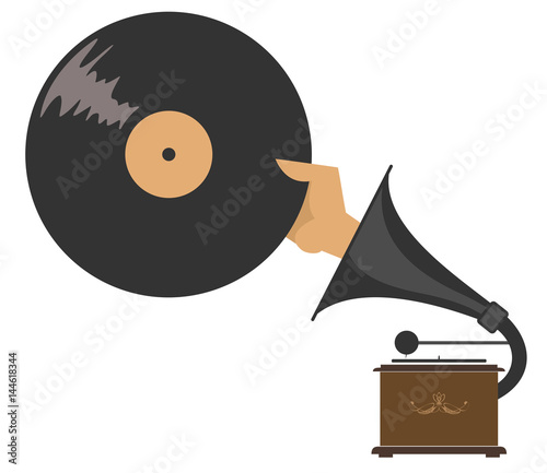 Record player, hand and record isolated. Hand holding a record appears from the loudhailer of the record player
