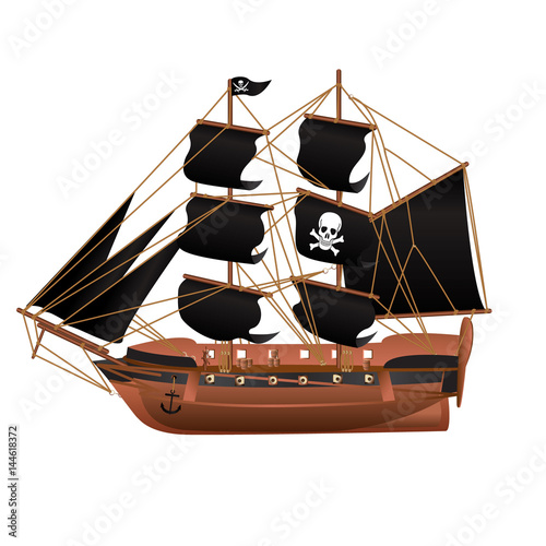 silhouette of a pirate ship with the image of a skeleton on the sail 