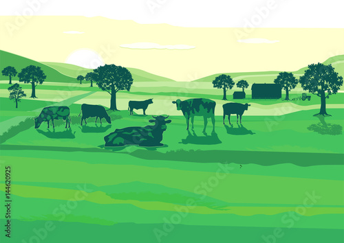 Landwirtschaft mit Kühen auf der Weide illustration 