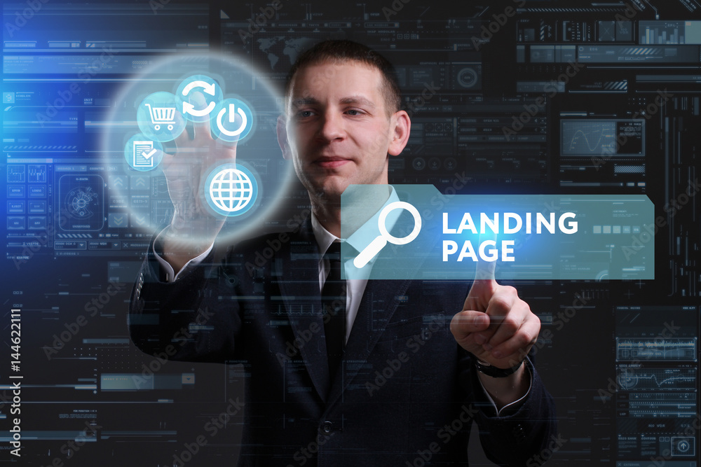 Business, Technology, Internet and network concept. Young businessman working on a virtual screen of the future and sees the inscription: Landing page Business, Technology, Internet and network concept. Young businessman working on a virtual screen of the future and sees the inscription: Landing page