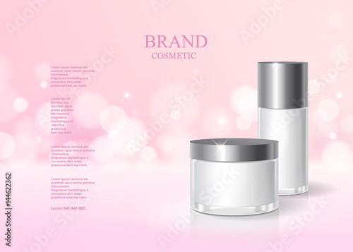 Cosmetic pink bottle package design with moisturizer cream or liquid, skin care product poster, sparkling background vector