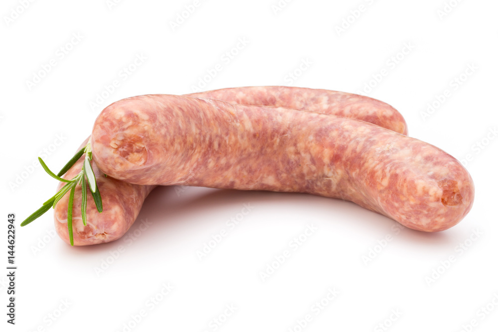 Raw sausage with parsley leaf isolated on white background. Raw sausage with parsley leaf isolated on white background.