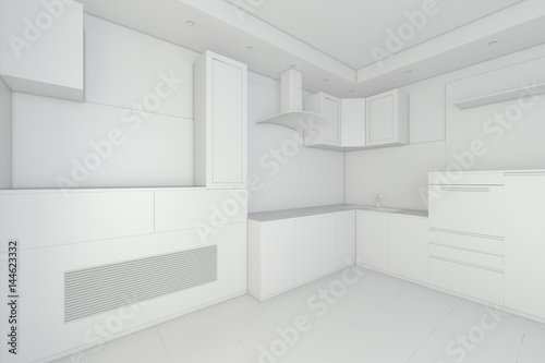 Modern white kitchen interior in minimalism style. 3d rendering. © mirexon
