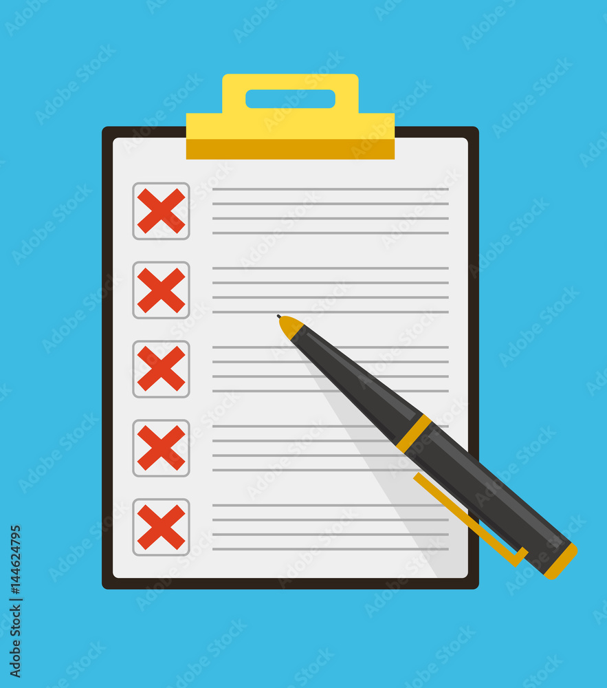 Clipboard with red crosses check list marks with pen. Vector flat cartoon illustration Clipboard with red crosses check list marks with pen. Vector flat cartoon illustration