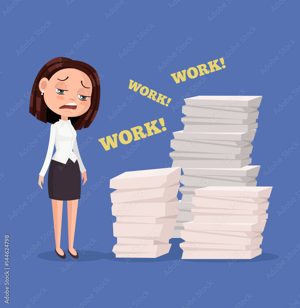 Tired unhappy office worker woman character. Hard work. Vector flat cartoon  illustration Stock Vector | Adobe Stock