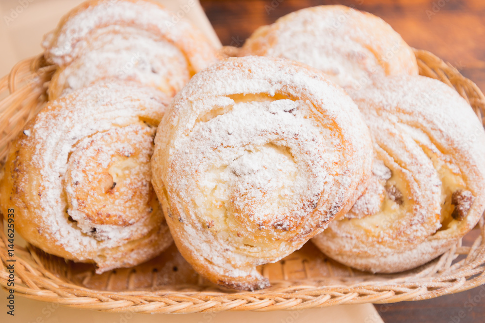 rolls in powdered sugar, pastries rolls in powdered sugar, pastries