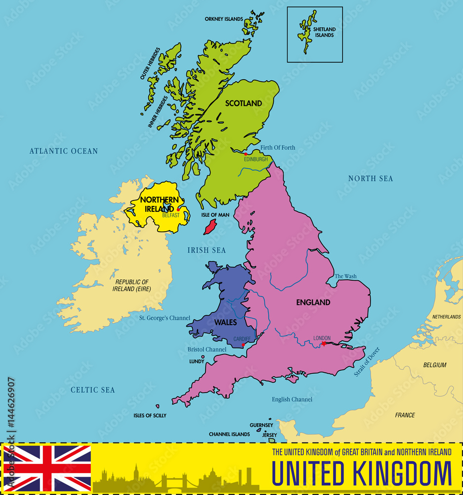 Как выглядит англия на карте Political map of United Kingdom with regions and their capitals Векторный объект