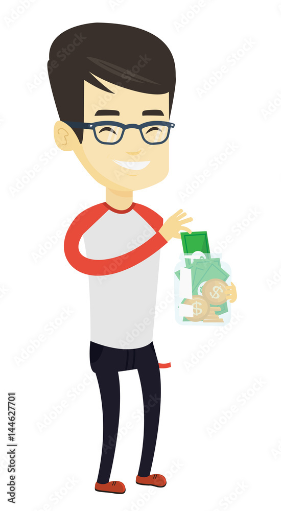 Man putting dollar money into glass jar. Man putting dollar money into glass jar.