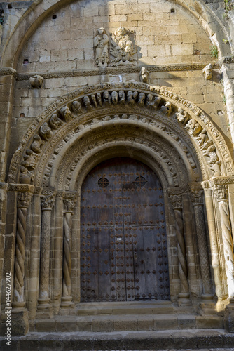 Detail of the southern facade of Santa Maria Church, in Uncastillo, Zaragoza, Aragon, eastern Spain. It was built between 1135 and 1155 in Romanesque style