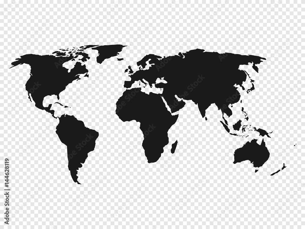 Obraz Czarna mapa świata sylwetka na przezroczystym tle. Ilustracji wektorowych.