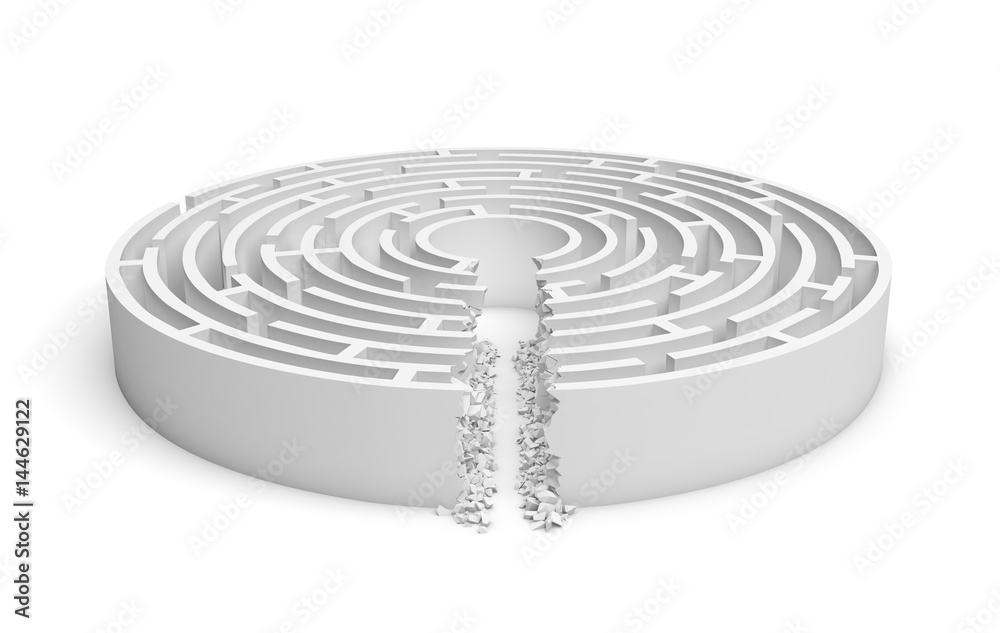 3d rendering of a white round maze with a direct route cut right to the center. 3d rendering of a white round maze with a direct route cut right to the center.
