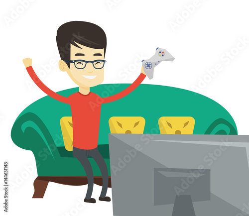 Man playing video game vector illustration.