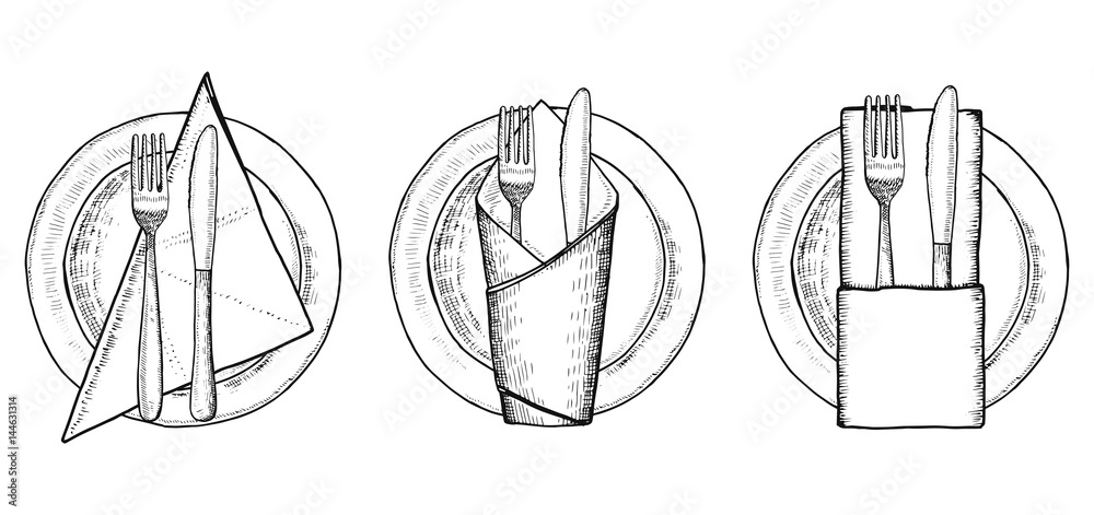 Plates with cutlery on napkins. Hand drawing vector illustration Plates with cutlery on napkins. Hand drawing vector illustration