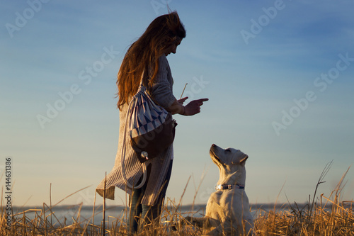 junger labrador retriever hund welpe und frau trainieren am strand auf einer insel in den dünen
