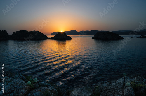 Water ripples in Mediterranean sea. Santa Ponsa coastline at sunset in Morro d'en Pere Joan bay in Mallorca, Balearic islands of Spain. Es Malgrat rocks. photo