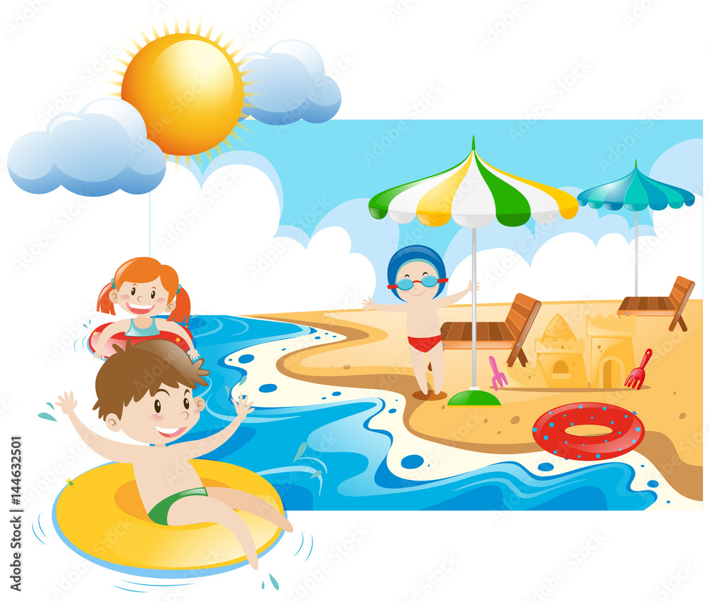 Three kids swimming and playin at sea
