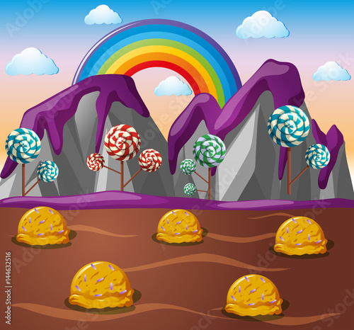 Candy land with chocolate river and lolipop trees