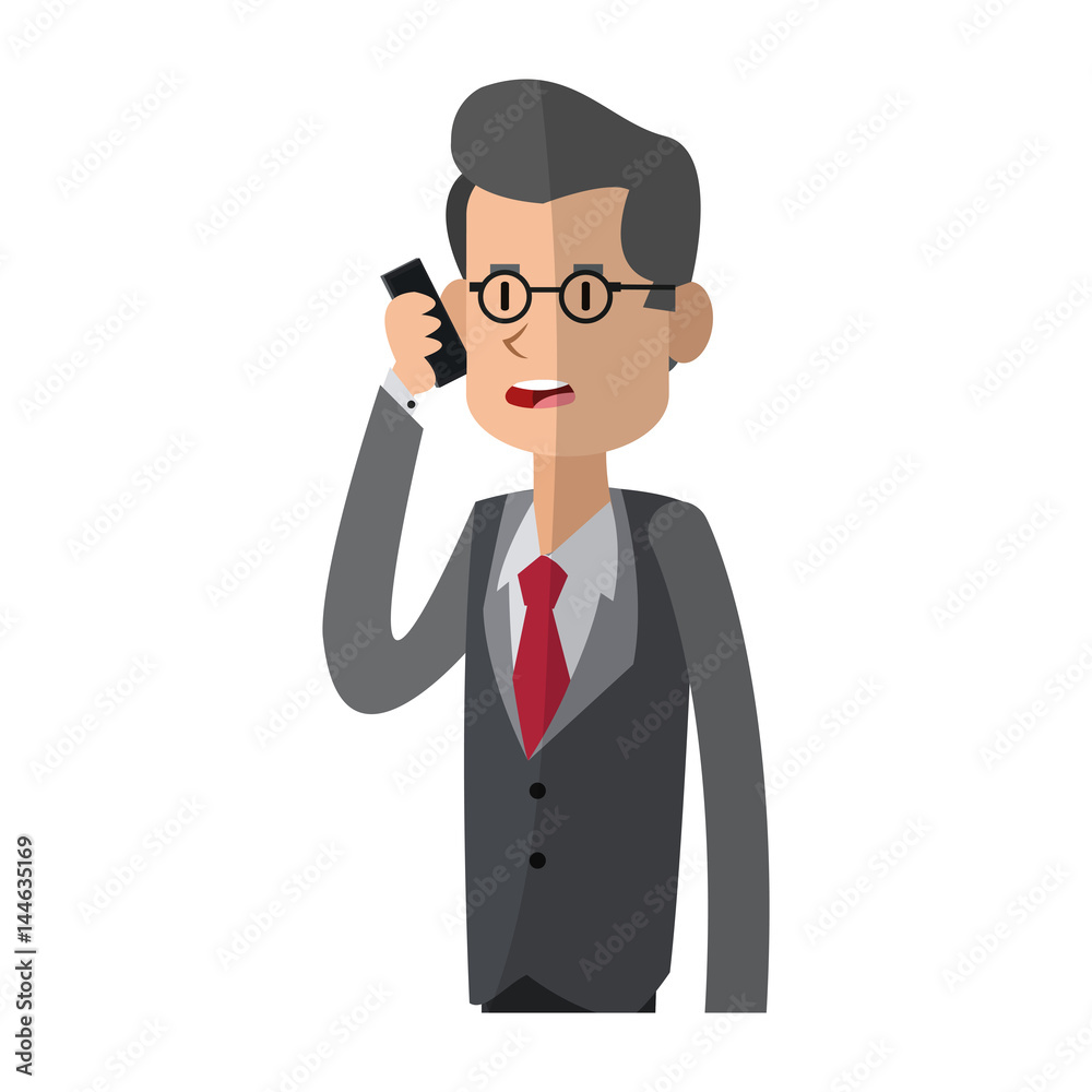 businessman using a smartphone, cartoon icon over white background. colorful design. vector illustration