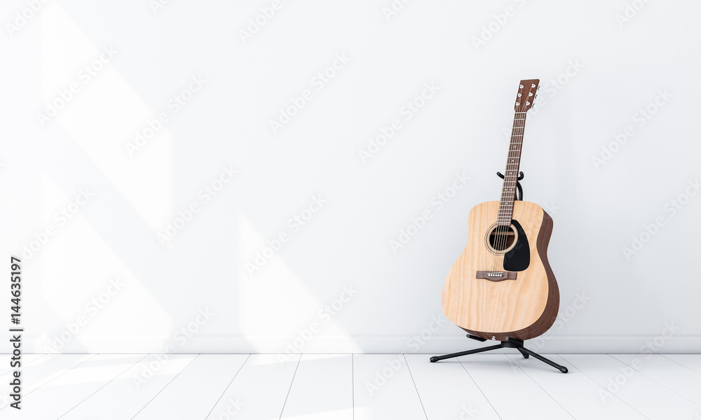 Fototapeta Makieta gitary akustycznej na stojaku w białym pustym pokoju, renderowanie 3d