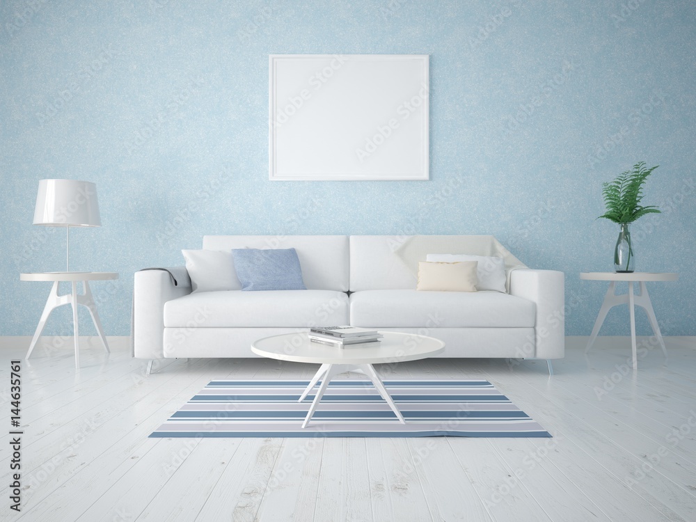 Mock up a modern living room with a compact sofa on a background of blue wallpapers. Mock up a modern living room with a compact sofa on a background of blue wallpapers.