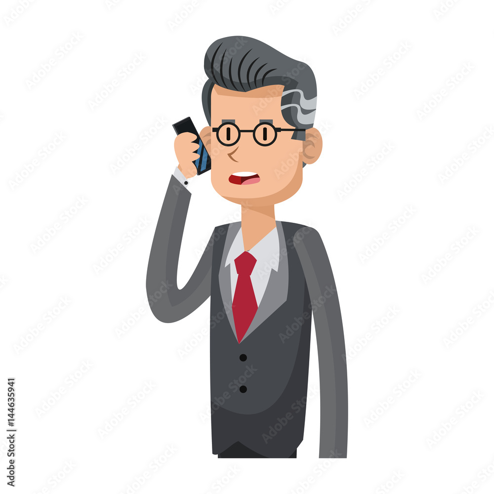 businessman using a smartphone, cartoon icon over white background. colorful design. vector illustration