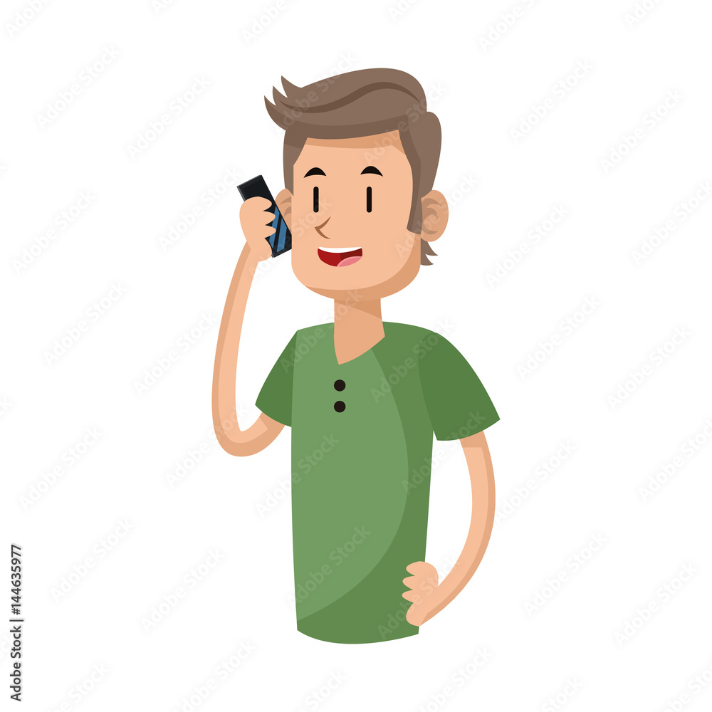 man using a smartphone, cartoon icon over white background. colorful design. vector illustration