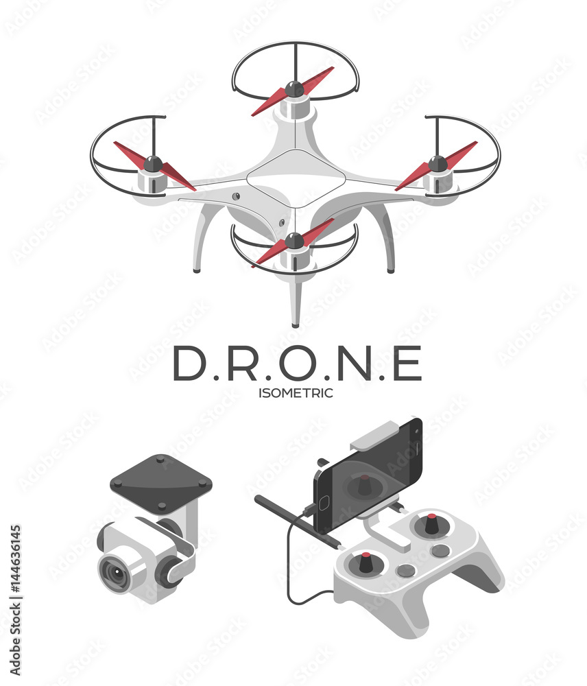 Vector Illustration with quadcopter and remote control isolated on ...