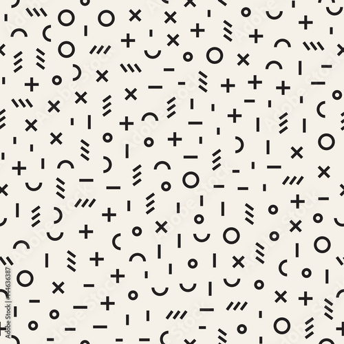 Retro geometric line shapes seamless patterns. Abstract jumble textures. Black and white scattered shapes