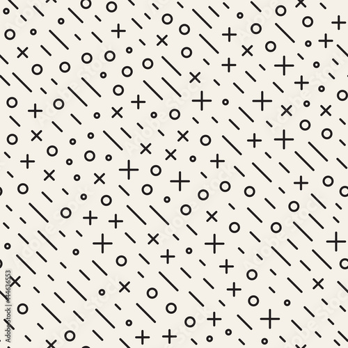Retro geometric line shapes seamless patterns. Abstract jumble textures. Black and white scattered shapes