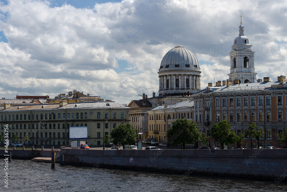 Panorama Neva river, Tuchkov Bridge, Catherine Church, Saint Petersburg, Russia