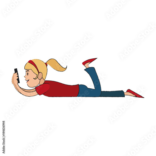 woman with smartphone device icon over white background. vector illustraiton